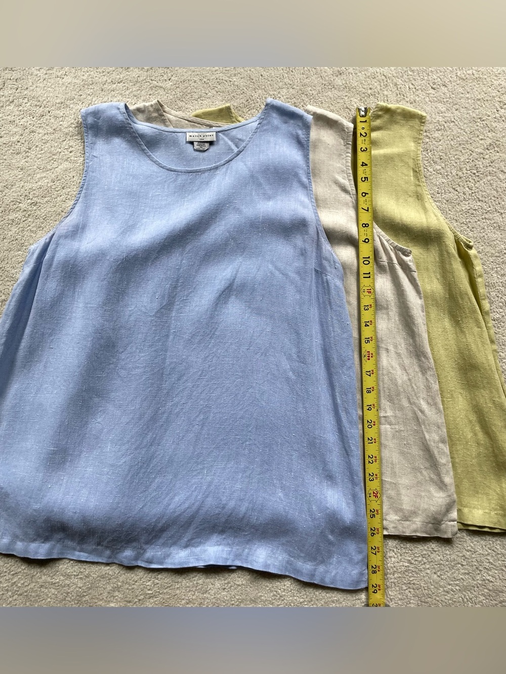 Three Match Point  Sleeveless Linen Shell Tops- Light Olive, beige & Lilac-Blue - Picture 3 of 4
